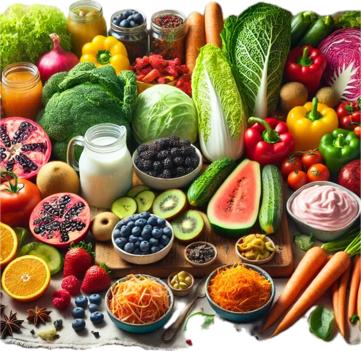 A vibrant spread of colorful fruits, vegetables, and fermented foods representing a diverse and healthy diet for the gut microbiome.