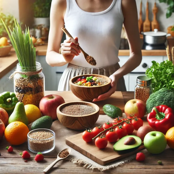 A woman preparing a healthy meal with vibrant, skin-nourishing foods.