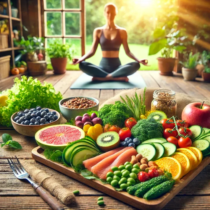 A vibrant meal with fresh vegetables, fruits, lean protein, and someone in the background doing yoga.