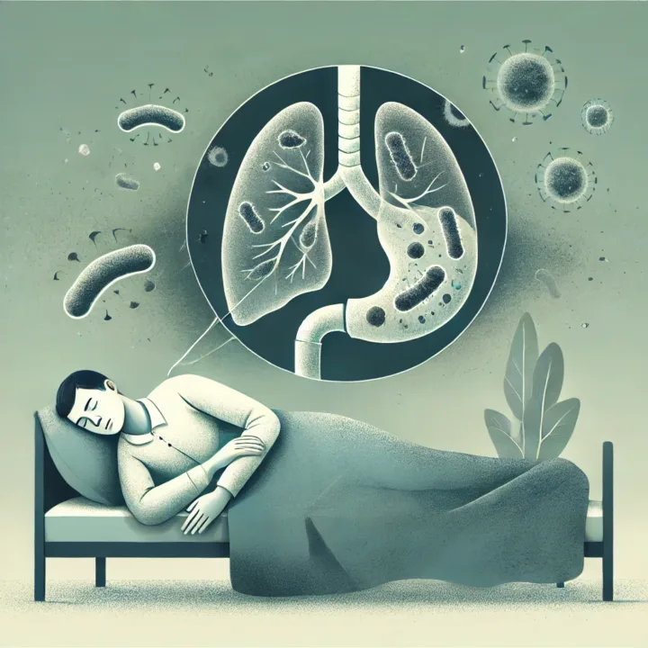 A calm individual resting peacefully with symbolic bacteria inside the body, representing the hidden nature of latent TB