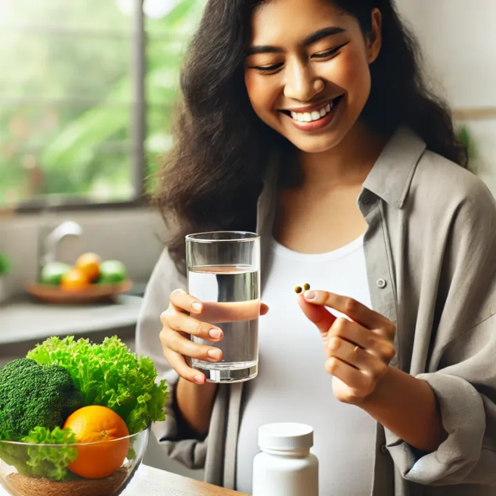 eaturing a pregnant woman with a folic acid supplement in a wholesome, natural setting.