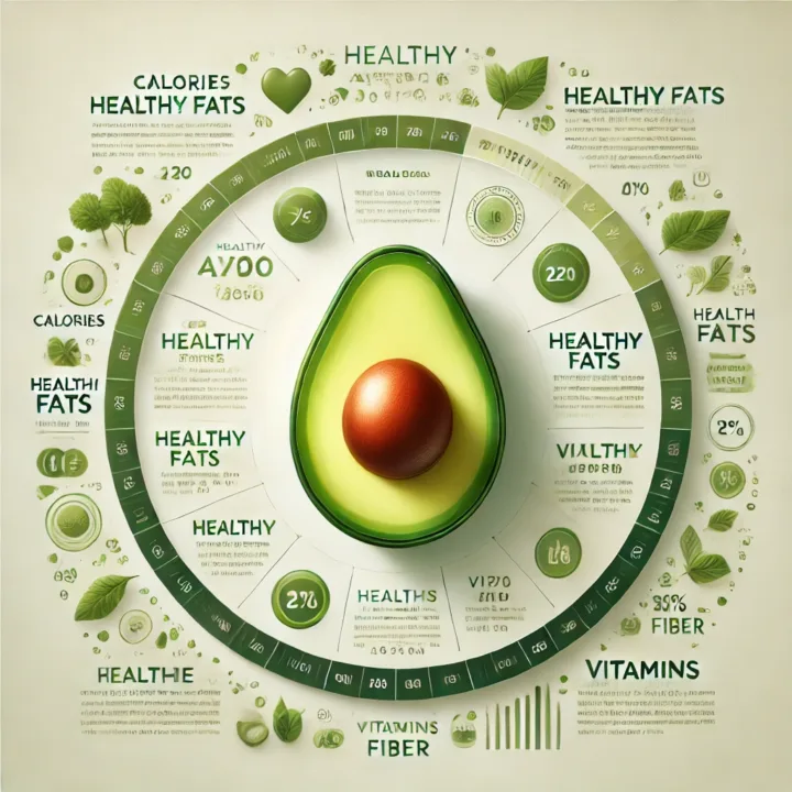 sliced avocado, detailed with its nutritional content, including healthy fats, vitamins, fiber, and calories