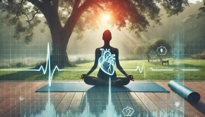 A serene individual practicing yoga outdoors, with a subtle overlay of a healthy heart rhythm